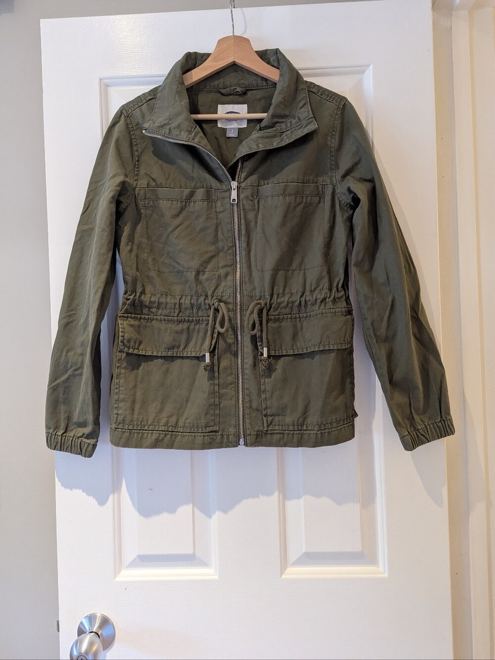 Olive Green Utility Military Jacket 100% Cotton Gorpcore S Drawstring Waist